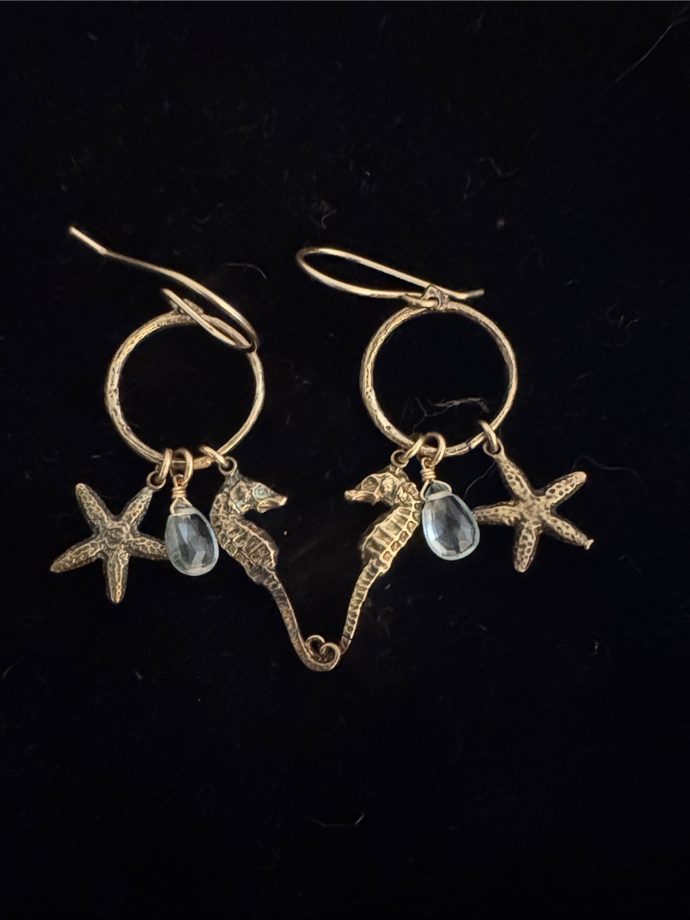Gold Seahorse & Starfish Drop Earrings with Blue Gem Accents